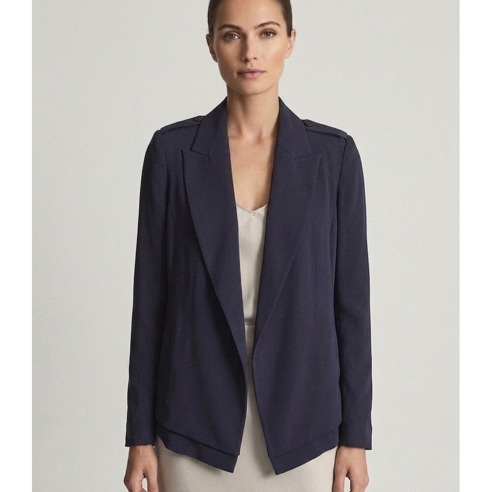 Reiss Navy Blue Open Front Structured Blazer Epaulet